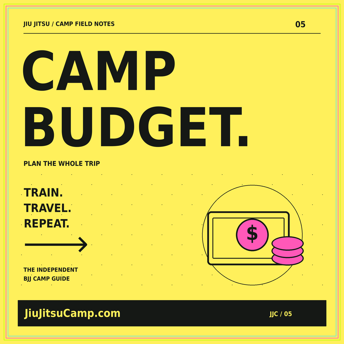 Camp Budget yellow typography card with illustrated money and coins in a multicolor frame.