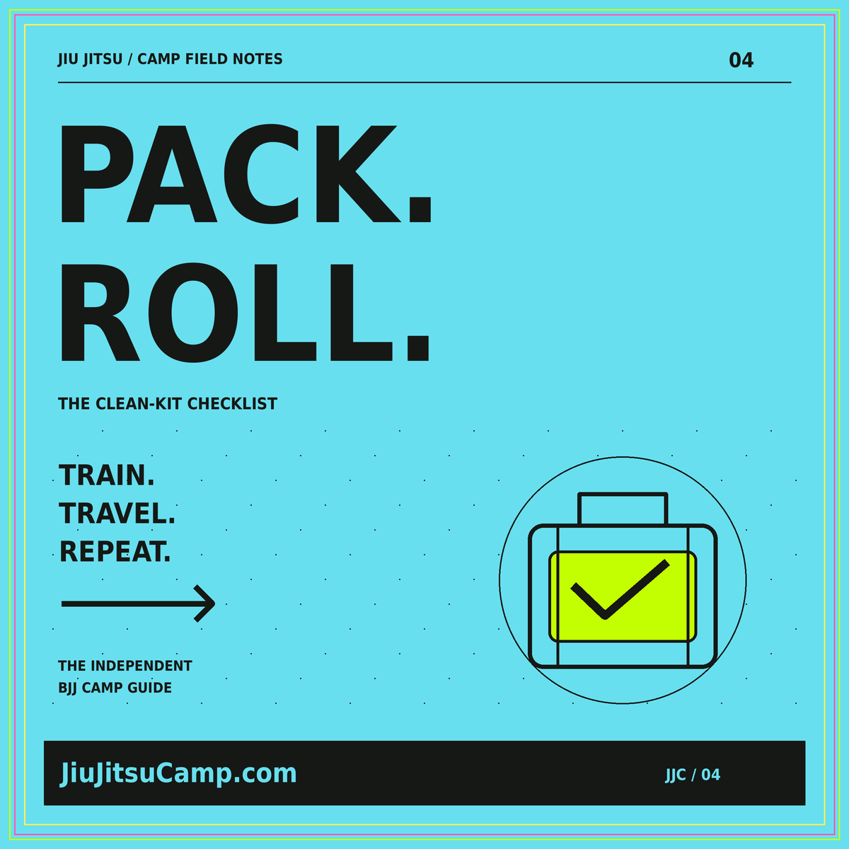 Pack Roll cyan-blue social card with a training bag, check mark, and neon border.