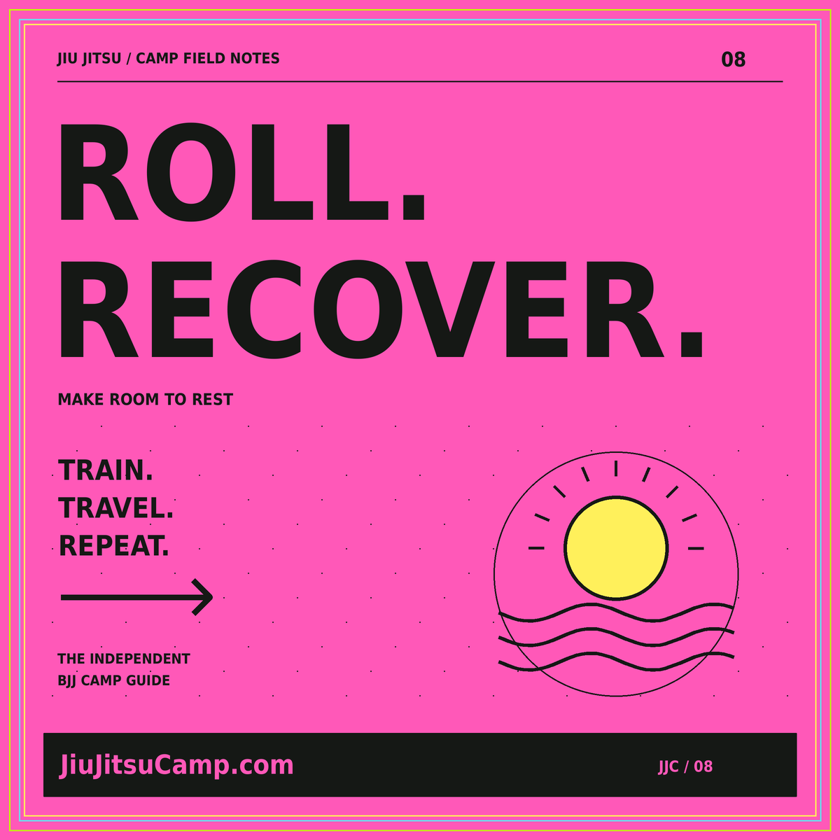 Roll Recover pink typography card with a yellow sun over three resting wave lines.