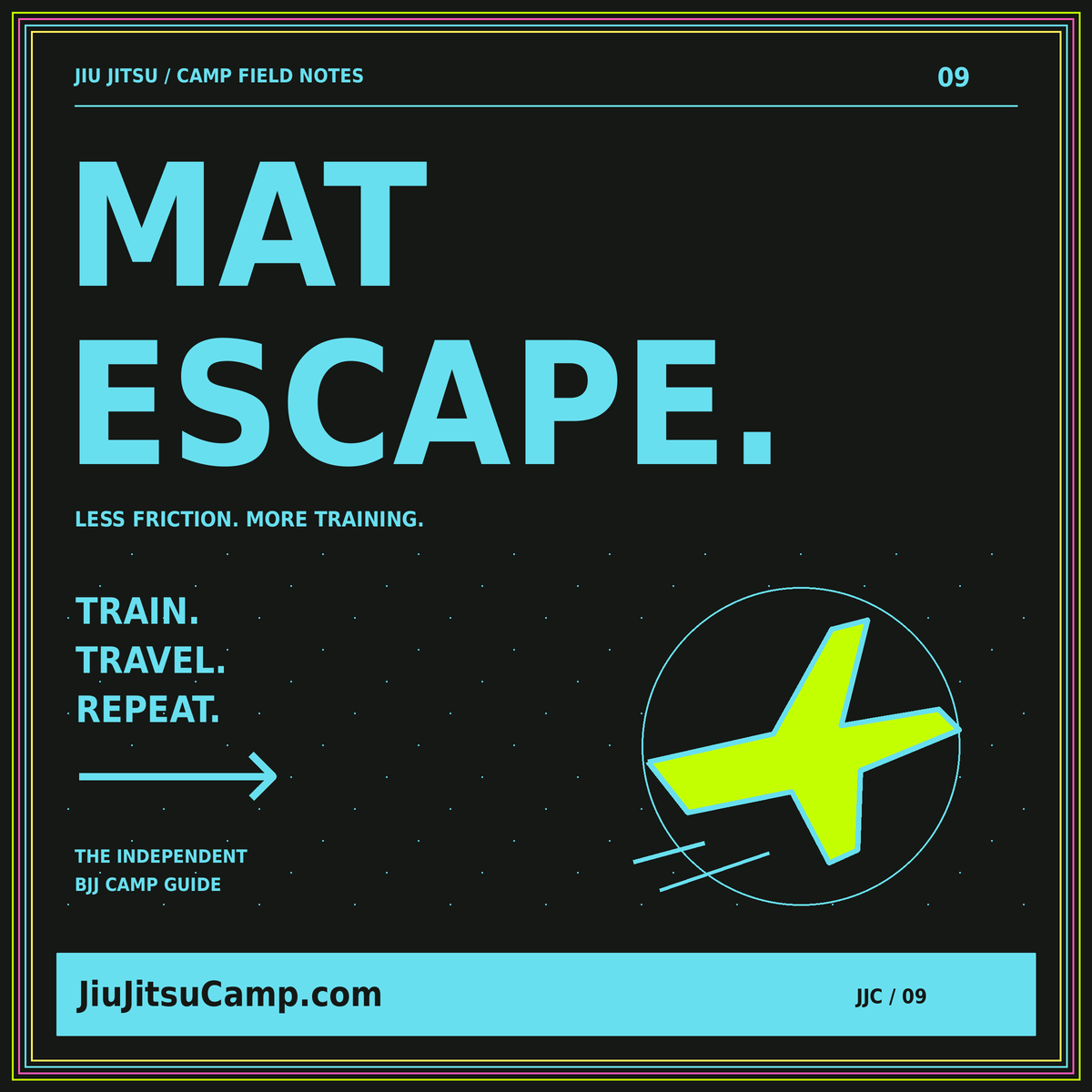 Mat Escape black and cyan-blue social card with a neon-green airplane illustration.