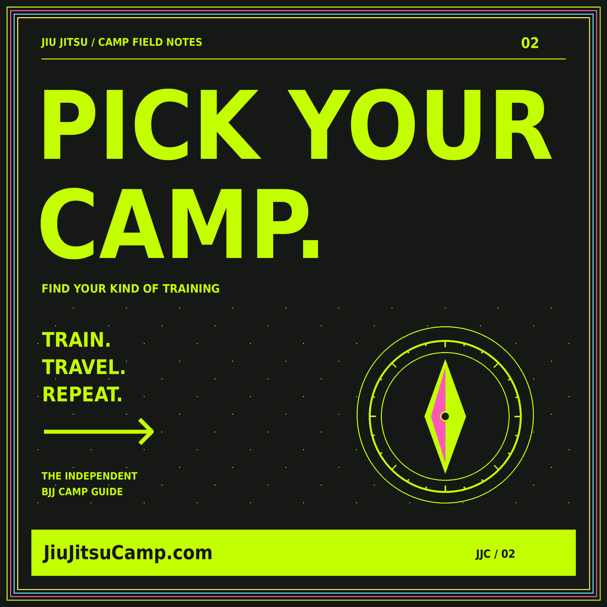 Pick Your Camp black and neon-green social card with a compass illustration.