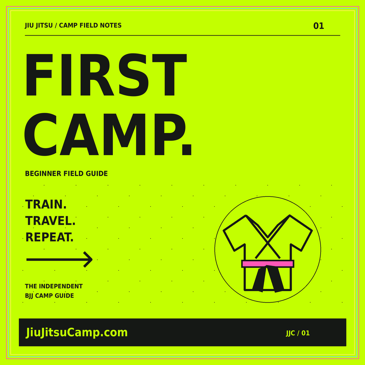 First Camp neon-green typography card with an illustrated jiu-jitsu uniform and pink belt.