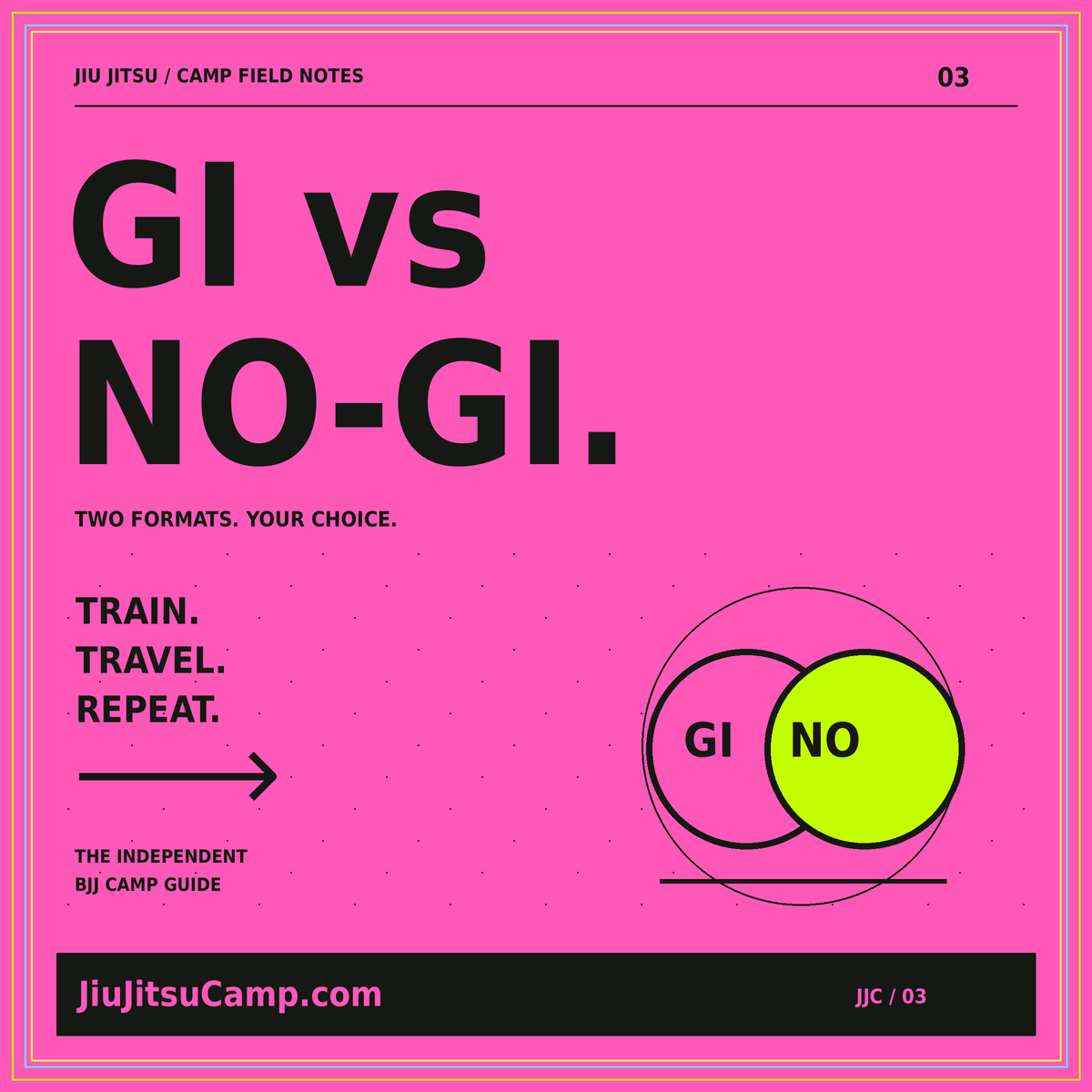 Gi versus No-Gi pink typography card with overlapping format circles and a neon pinstripe frame.