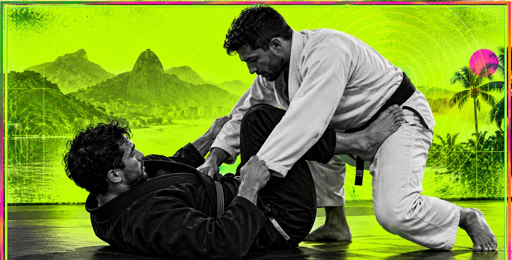 Editorial illustration of two jiu-jitsu practitioners training, with a neon-green travel-inspired backdrop.