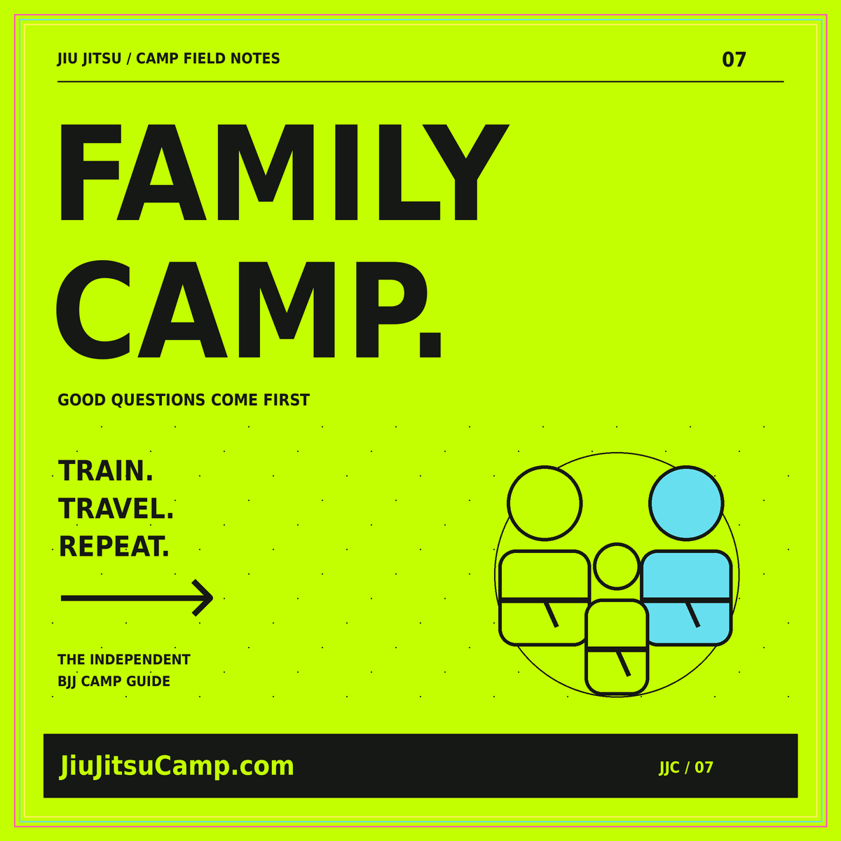 Family Camp neon-green graphic with two larger and one smaller illustrated training figures.