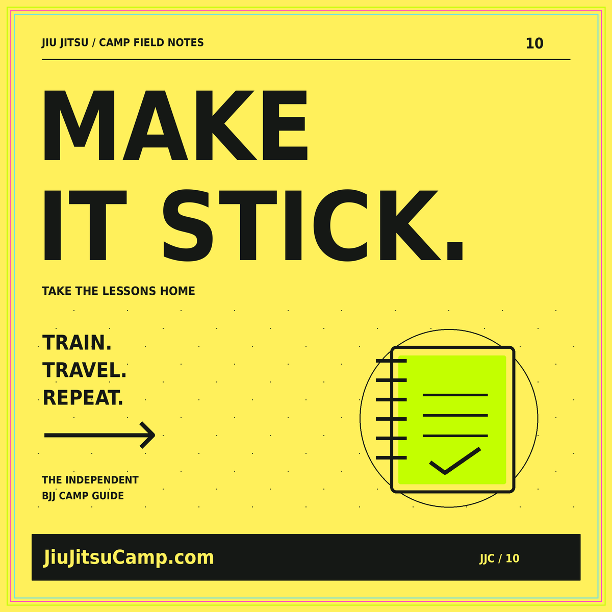 Make It Stick yellow typography card with an illustrated camp notebook and check mark.