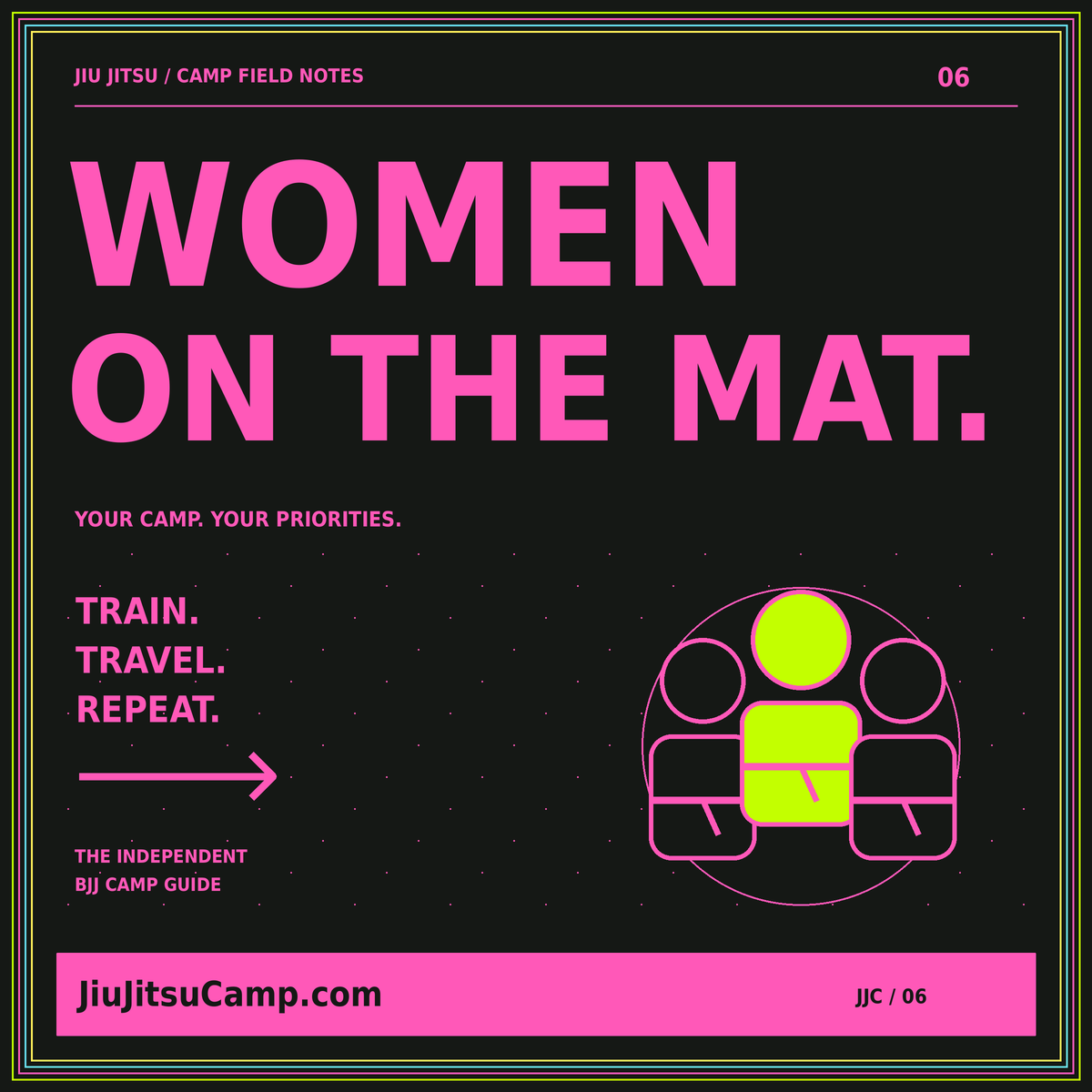 Women on the Mat black and neon-pink card with three abstract belted training figures.